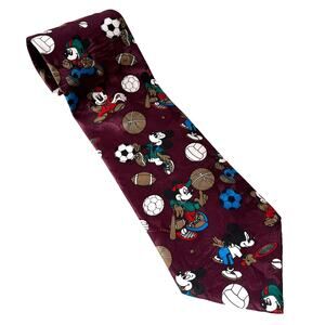 Vintage 90s Disney Mickey Mouse Sports Tie Burgundy Y2K Collectible Retro Office